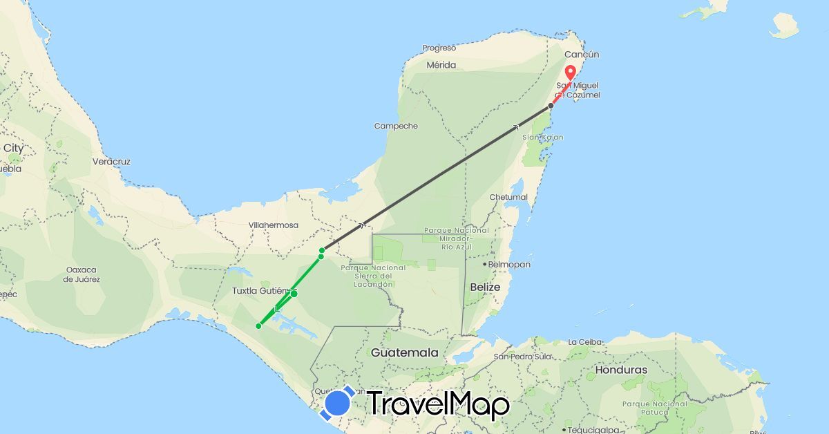 TravelMap itinerary: driving, bus, hiking, motorbike in Mexico (North America)